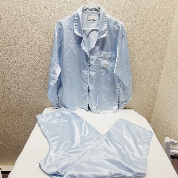 #T Alexanndra Scottie medium pajama set button down top slip-on pants blue - Picture 1 of 10